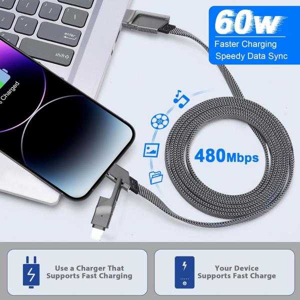 60W USB Fast Charging Cable Braided Dual Type C Cord 4 In 1 Multi Charging Cable