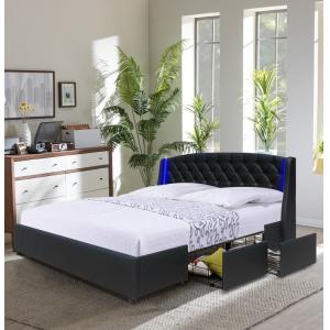 China King Size Black PU Leather Upholstered Bed Frame With LED And 4 Drawers on sale
