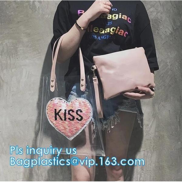 Handle Style PVC Material Shopping Tote Bags, Vinyl PVC Tote Handle Cosmetic Handbag Swimming Bag for Girls, black mesh