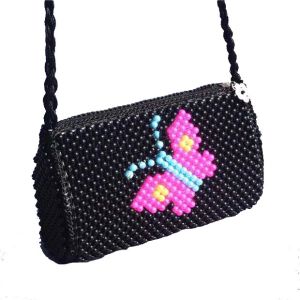Black Beaded Pearl Hand Bags Red Butterfly Pattern With Zipper 21cm length OEM