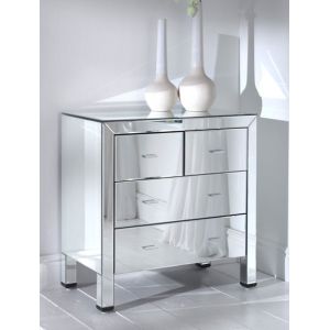 Silver Mirrored Side Board With 4 Storage Drawers Bevelled Edge Mirror