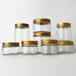 Factory Supply 8oz 12oz Empty Clear Candy Round Containers Glass Jars With Gold