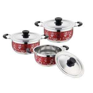 China hot selling 6pcs  cookware set with red color  &16/18/20cm cooking pot &16cm/18cm/20cm cookware set in  stainless steel on sale