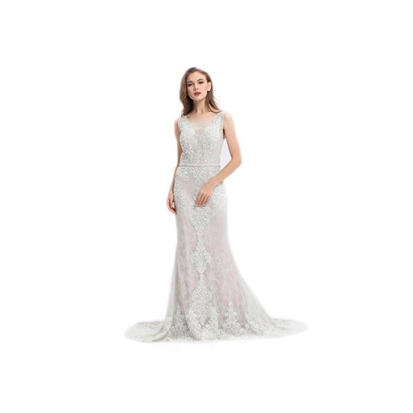 Quality Simple Design Lace Fabric European Style Evening Dresses White Color With Sash wholesale