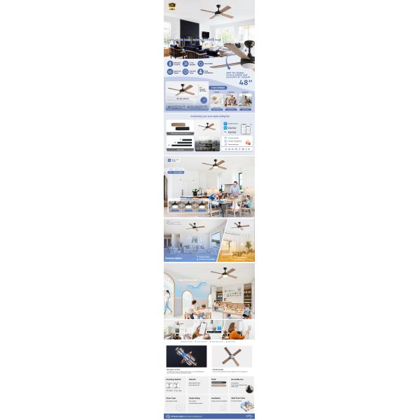 48 Inch Classic AC Motor Ceiling Fan with Light 4 MDF Wood-Look Blades