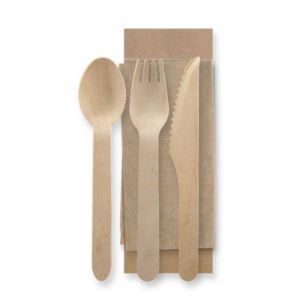 China 160 mm 100% disposable  wooden knife fork spoon brown napkin pepper wrapped individually can be customized logo on sale