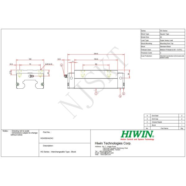 HIWIN HGH55HA Linear Guideway Linear Bearing Rail Linear Guide Carriage