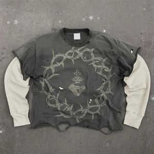 China MeiYue Distressed Screen Print T-shirt Vintage Cotton Ripped Double Layer Long Waffle Sleeve Oversized Acid Wash T Shirt for Men on sale