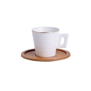 Embossed Porcelain Cup Set White Turkish Espresso Coffee Cups With Bamboo
