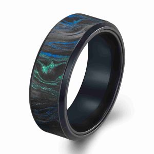 Cheap New Arrival Titanium and Forged Carbon Fiber Wedding Flat Band With Beveled Edges Men's ring with mixed blue and green Foil for sale