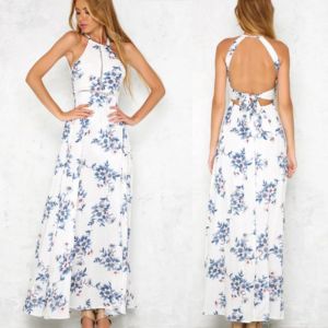 Bohemian Halter Backless Sleeveless Floral Printed Slit Maxi Long Dress for