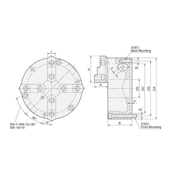 SIK 4 jaw strong scroll chuck plain back 2 piece jaws (front and back mounted)