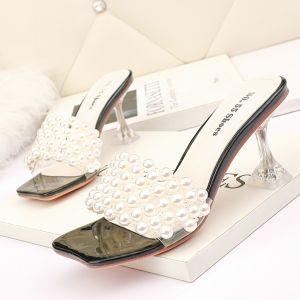 7018-3 Korean Fashion Open Toe High Heels Square Toe Pearl Thin Sandals Fine