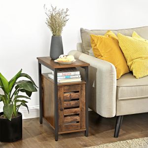 Slim Side Table with Cabinet, Rustic Industrial Side Table with Storage, End