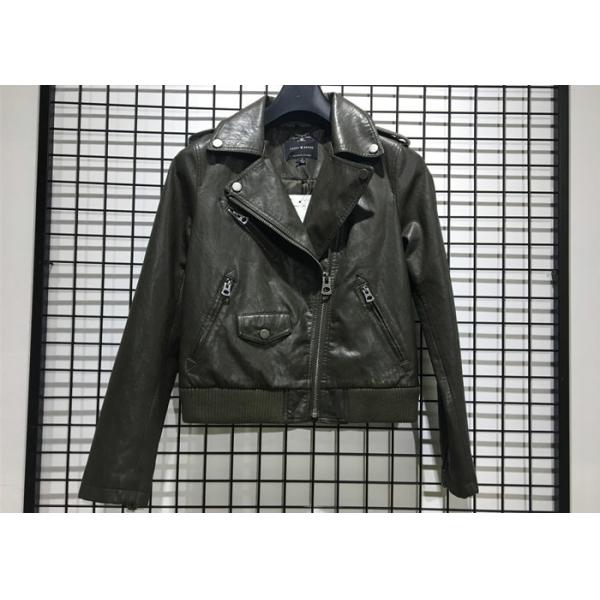 Quality Dark Green Slant Placket Ladies Pleather Jacket With Zip Through Biker wholesale