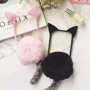 Acrylic Rex Rabbit Fur Ear Tail Plush Cell Phone Case Back Cover for iphone 7 6s