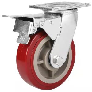 China 4x2, 5x2,6x2,8x2 Red PU Swivel Heavy Duty  Caster with brake China factory castor wheels manufacturer and exporter on sale