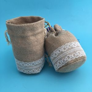 Wedding Round Jute Sling Bag With Lace , 8 * 10cm Mini Drawstring Pouch