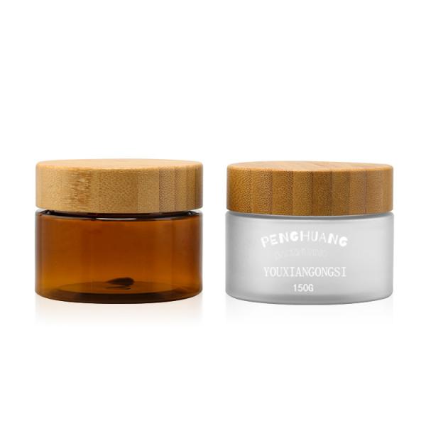 Quality Eco - Friendly Wide Mouth Cream Plastic Jar 150ml Clear Amber With Bamboo Cap wholesale