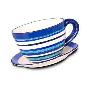 Garden Ceramic Jumbo Tea Cup Planters With Attached Saucer Stripe / Polka Dots