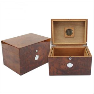 Cheap Luxury Burl Cedar Cigar Humidor Box with Glossy Lacquered Finish and CNC Precision Sawing for sale