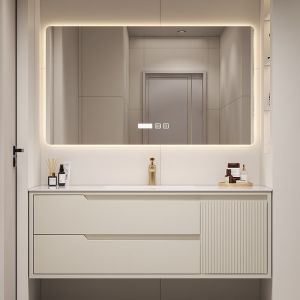 Rectangle LED Mirror Cabinet with Sintered Stone Countertop and Bathroom Storage