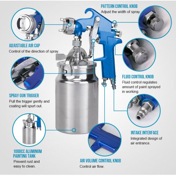 PRO Suction Feed Type High Pressure Paint Gun 1000ml Aluminum Cup S.S Nozzle 1/4"3/8"inlet