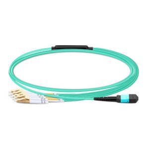 China 1m (3ft) MTP Female to 4 LC UPC Duplex OM3 50/125 Multimode Fiber Breakout Cable, 8 Fibers, Type B, Elite, LSZH, Aqua on sale