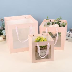 Window Gift Bag Set Multi Size Kraft Pink Packaging Transparent Viewing Panel