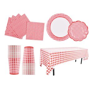 Cheap Girls Baby Shower Disposable Party Supplies Red Gingham Praty Tableware for sale