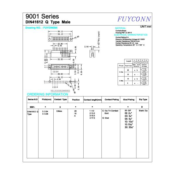 2 Rows Euro DIN41612 Connector 20pin 32pin 50pin 64pin Right Angle PCB Male Eurocard