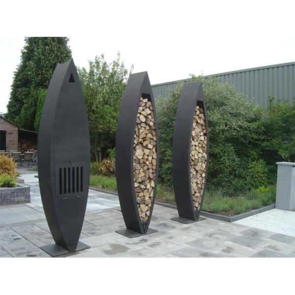 Large Garden Corten Steel Structure Sinking Canoe Shape Wood Storage Sculpture