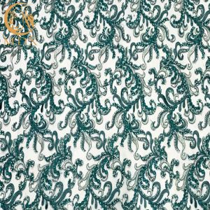 Green Handmade Dress Fabric Tulle Embroidery Rhinestones With Beaded