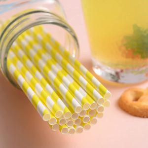 Recyclable 8mm Paper Straws , Yellow And White Striped Straws For Cold Drink