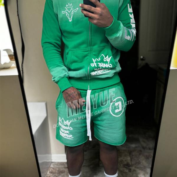 Quality Custom Zip up Hoodie Acid Wash 3d Puff Printing Vintage Retro Washed Zipper Summer Hoodie and Short Set Men wholesale