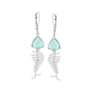 Larimar Fish Bone Drop Unique Gems Earrings in Sterling Silver