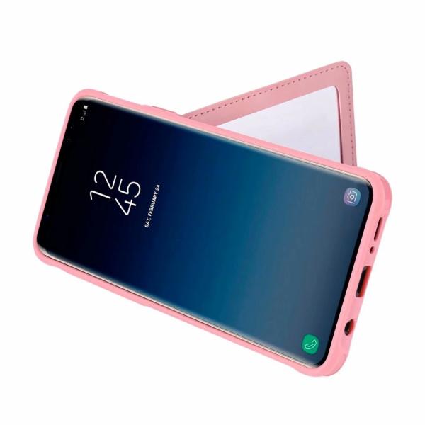 Samsung Galaxy S9 Leather Hidden Mirror Case with Card Slots Stay Back Cover with Strap