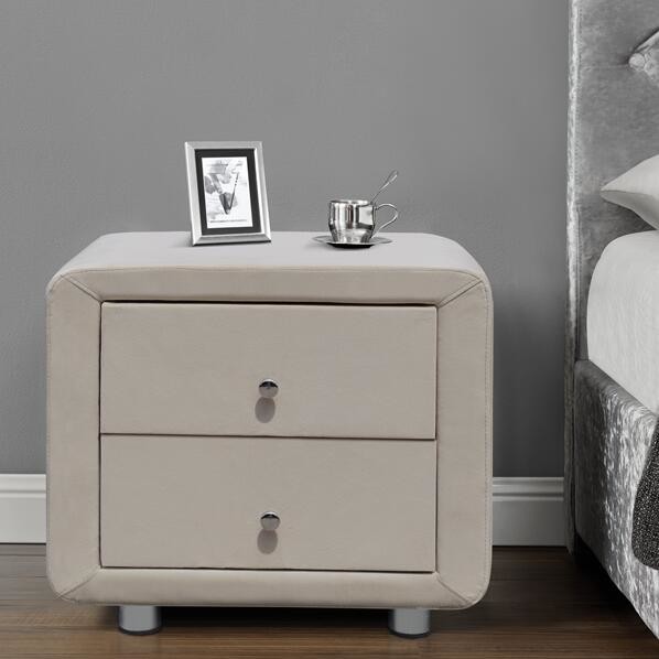 Quality Velvet Fabric 2 Drawer Bedside Tables Plush Upholstered Nightstand Beige With Chrome Handles wholesale