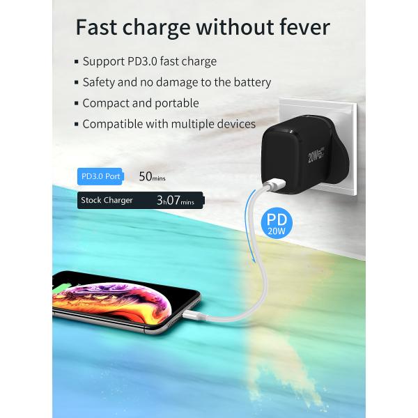 Light Weight Type C UK Plug QC3.0 20W Fast Charging Phone Charger For Iphone Samsung