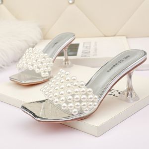 7018-3 Korean Fashion Open Toe High Heels Square Toe Pearl Thin Sandals Fine
