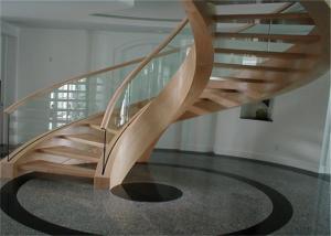 Interior Building Curved Stairs Wooden Staircase With 12mm Tempered Glass Balustrade