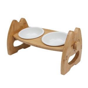 Bamboo Ceramic Bowl Cat Food Rack With Adjustable Height Double Pet Bowl Pet