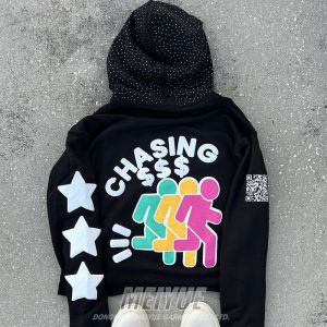 Custom Pullover Rhinestone Hoodies Cropped Puff Printing No Strings Hoodie