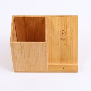 Fast Bamboo Desktop Wireless Charger Stand with Pen Holder and Clock OEM