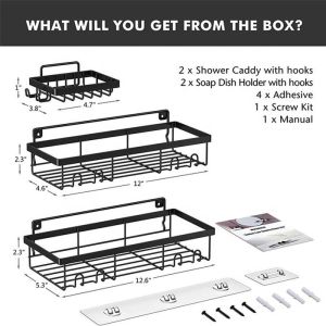 4PK No Drilling Adhesive Wall Mounted Bathroom Shelf Shower Caddy with 2 Soap