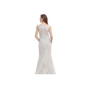 Simple Design Lace Fabric European Style Evening Dresses White Color With Sash