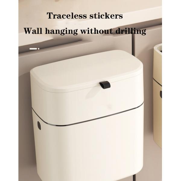 Kitchen Hanging Trash Can Household Cream White Traceless Adhesive Cabinet Trash Basket With Lid Household Wall Hanging
