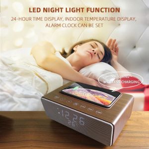 Wireless Charging Bluetooth Stereo Speakers Alarm Clock Room Temperature Display