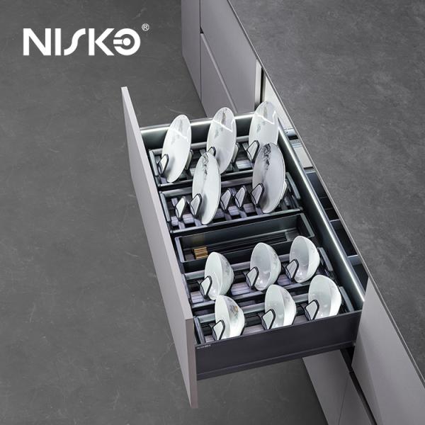 Quality Tiered Cutlery Drawer Pull out Basket Utensils Dishes Organizer with LED Light wholesale