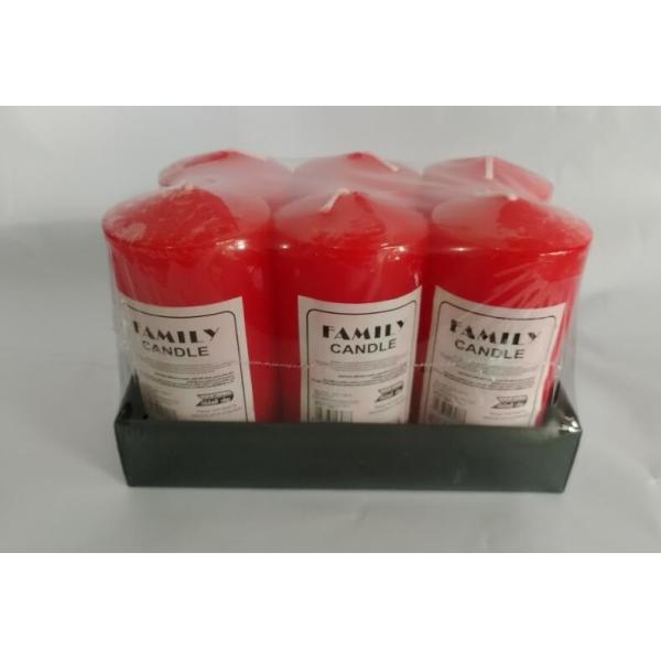 Quality 6pcs red pillar candle,each sticked by printed label,then packed in prined tray to shrinked for whole package wholesale